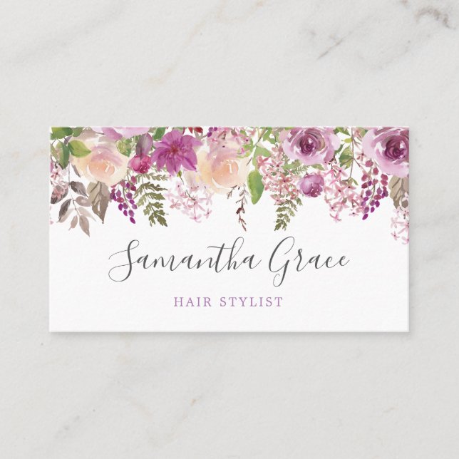 Purple Floral Script Hair Stylist Appointment Card (Front)