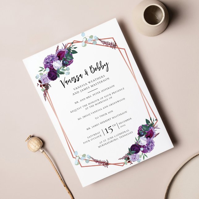 Purple Floral Script Modern Wedding Invitation (Purple Floral Geometric Wedding Invitation)