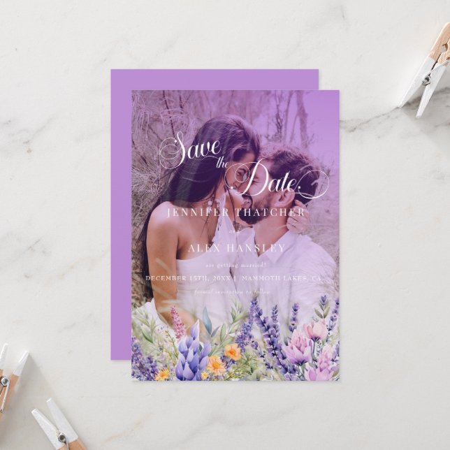 Purple Floral Script | Photo Wedding Save the Date Invitation (Front/Back In Situ)