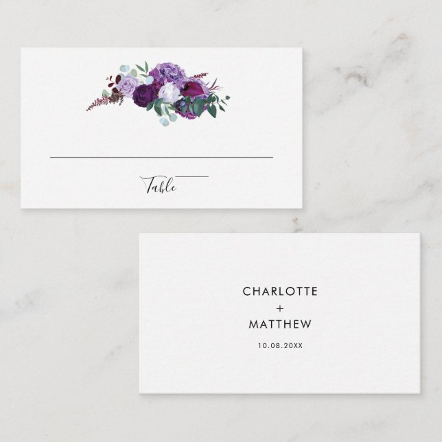 Purple Floral Script Wedding Reception Enclosure Card (Front/Back)