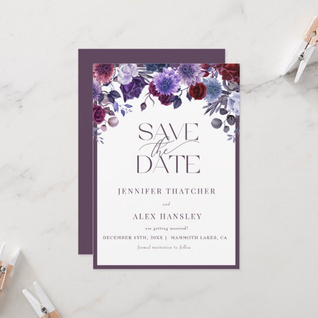 Purple Floral Script Wedding Save the Date Invitation (Front/Back In Situ)