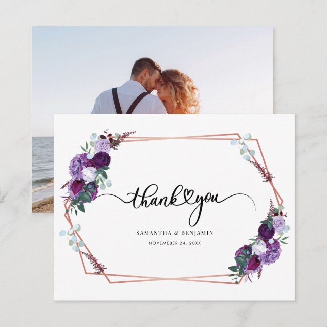 Purple Floral Script Wedding Thank You Card (Front/Back)