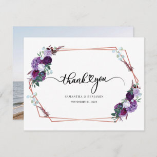 Purple Floral Script Wedding Thank You Card