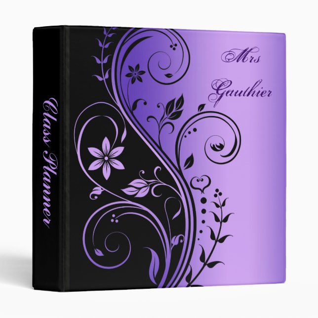 Purple Floral Scroll Teachers Class Planner Binder (Front/Spine)