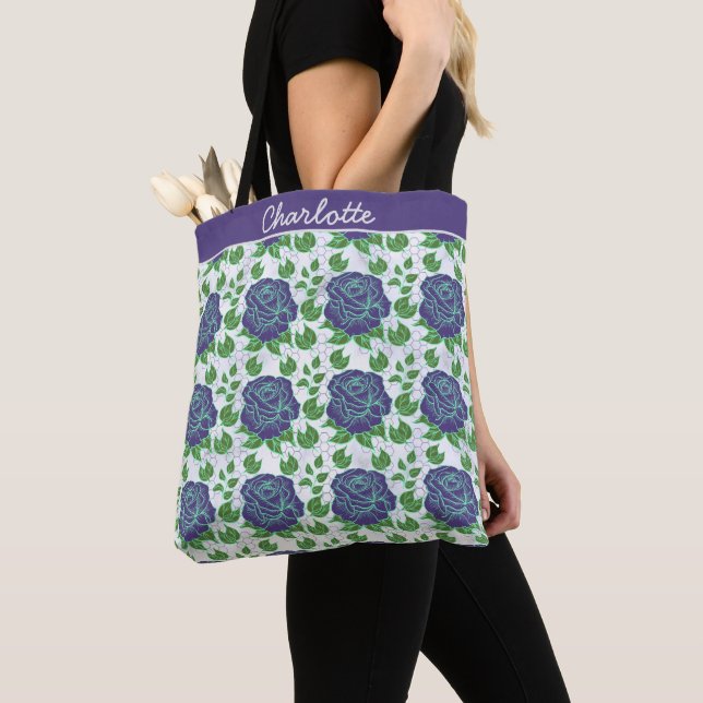 Purple floral seamless pattern personalized name tote bag (Close Up)