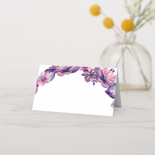 Purple floral seating card. Pink wedding flowers Place Card (Front)