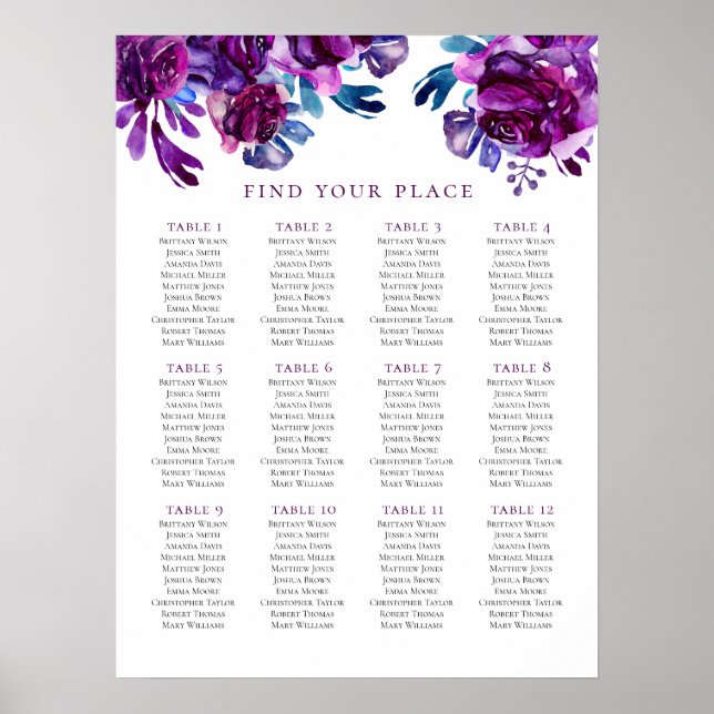 Purple floral seating chart print. Lilac wedding (Front)