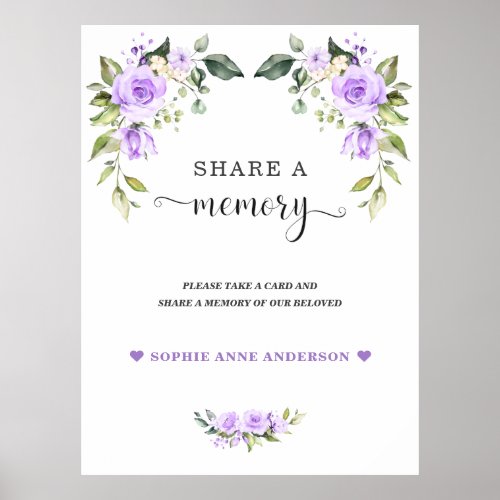 Purple Floral Share a Memory Funeral Wall Sign