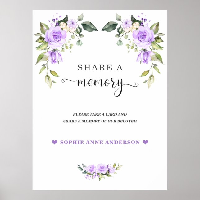 Purple Floral Share a Memory Funeral Wall Sign (Front)