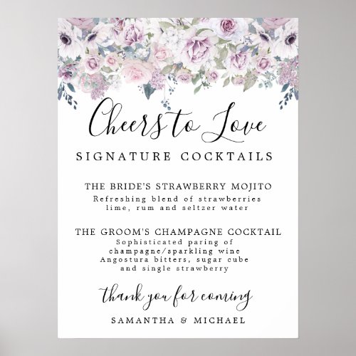 Purple Floral Signature Cocktails Wedding Bar Sign