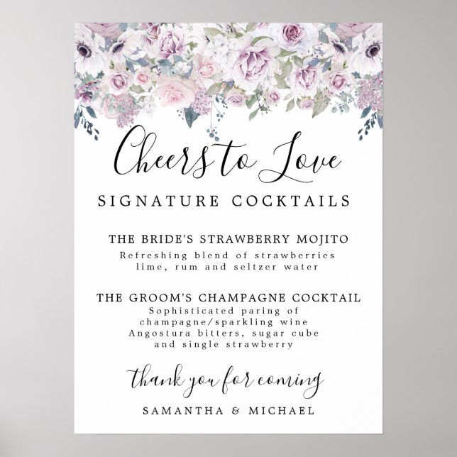 Purple Floral Signature Cocktails Wedding Bar Sign (Front)