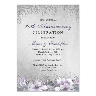 Purple Floral Silver 25th Wedding Anniversary Card