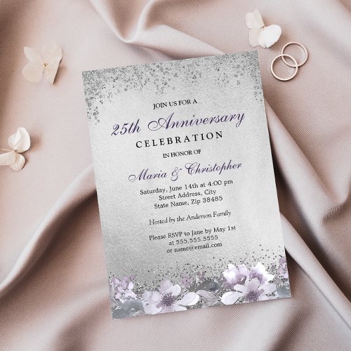 Purple Floral Silver 25th Wedding Anniversary Invitation