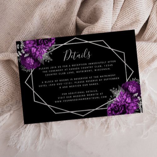 Purple Floral Silver Black Wedding Details Enclosure Card