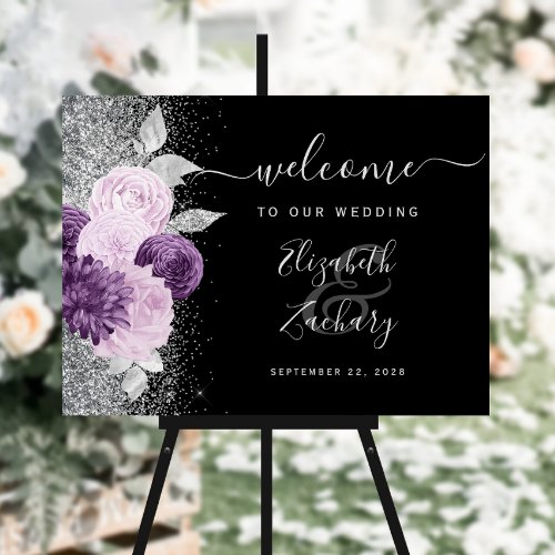 Purple Floral Silver Black Wedding Welcome Foam Board