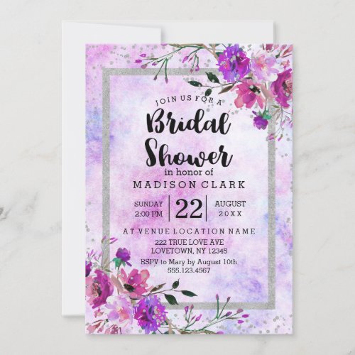 Purple Floral  Silver Bridal Shower Invitation