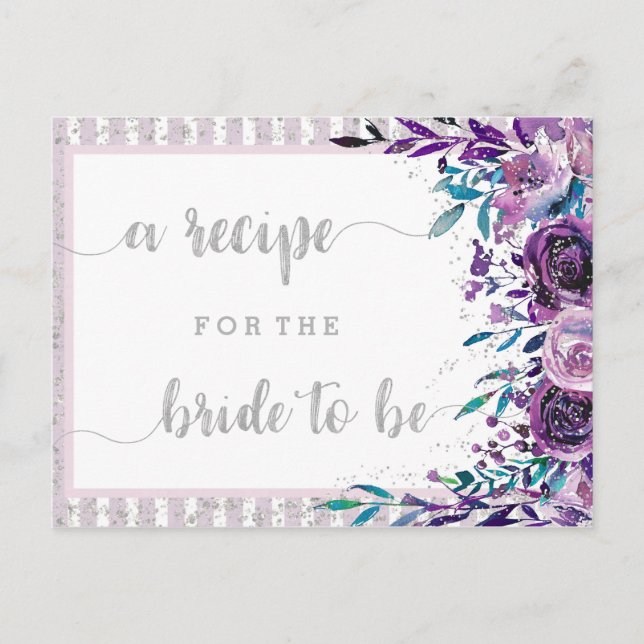 Purple Floral & Silver Bridal Shower Recipe Card (Front)