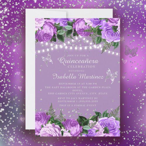 Purple Floral Silver Butterflies Quinceaera Invitation