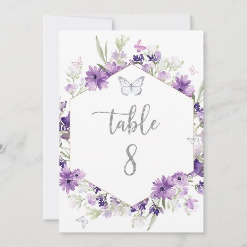 Purple floral silver butterfly table number