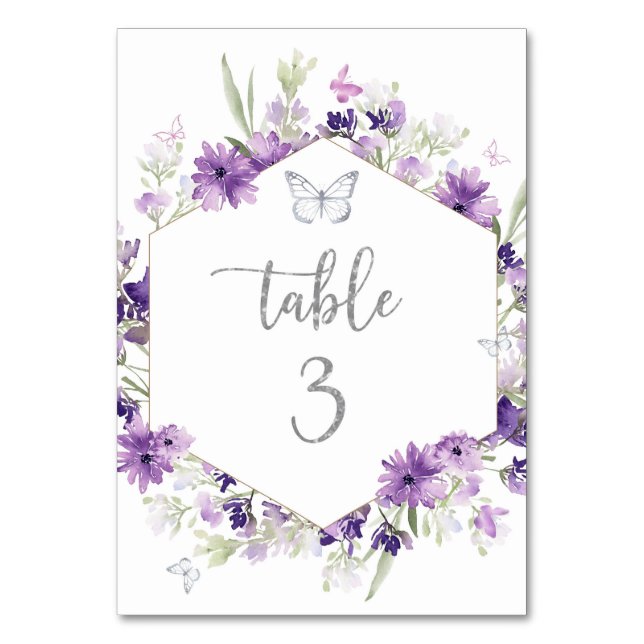 Purple floral silver butterfly table number (Front)