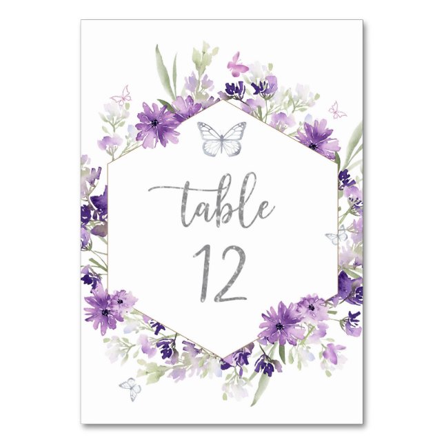 Purple floral silver butterfly twelve table number (Front)