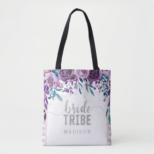 Purple Floral & Silver Confetti Bride Tribe Tote Bag (Front)