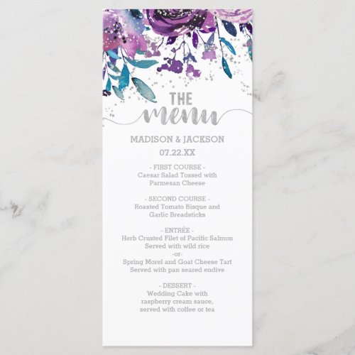 Purple Floral  Silver Confetti Wedding Menu