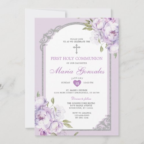 Purple Floral Silver Cross First Holy Communion Invitation