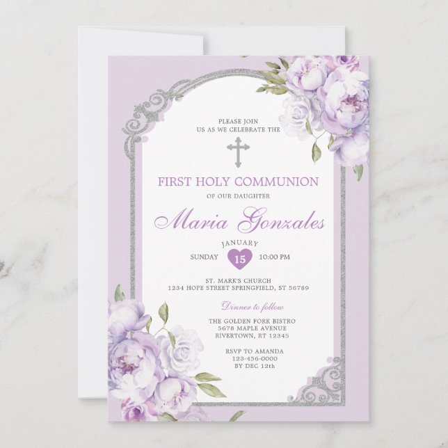 Purple Floral Silver Cross First Holy Communion Invitation (Front)