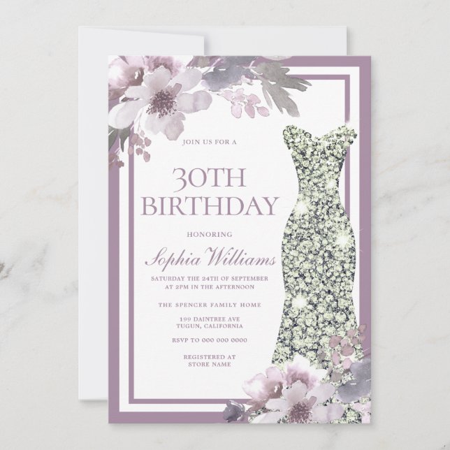 Purple Floral Silver Diamond Dress 30th Birthday Invitation (Front)