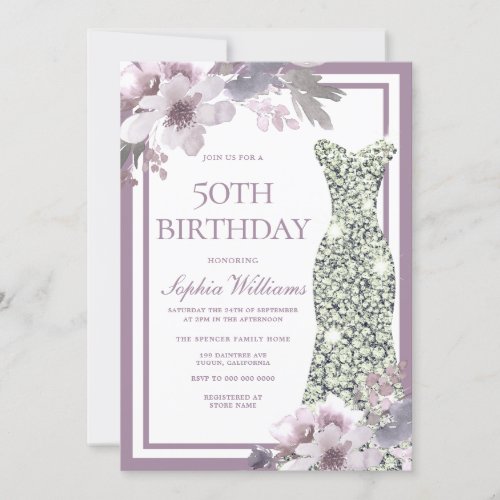 Purple Floral Silver Diamond Dress 50th Birthday Invitation