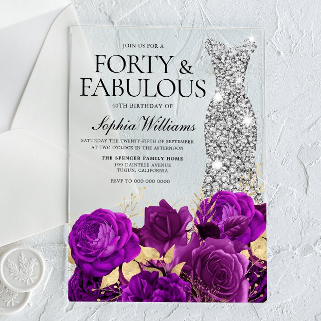 Purple Floral & Silver Dress 40th Birthday Party Acrylic Invitations (Creator Uploaded)