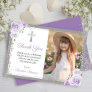 Purple Floral Silver First Holy Communion Photo Thank You Card