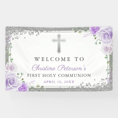 Purple Floral Silver First Holy Communion Welcome Banner