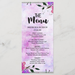 Purple Floral & Silver Frame Confetti Wedding Menu