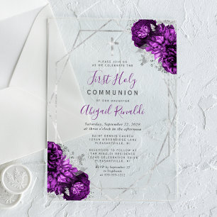Purple Floral Silver Frame First Holy Communion Acrylic Invitations