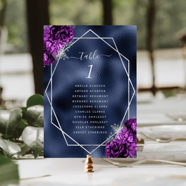 Purple Floral Silver Frame Navy Blue Foil Wedding Table Number (Creator Uploaded)