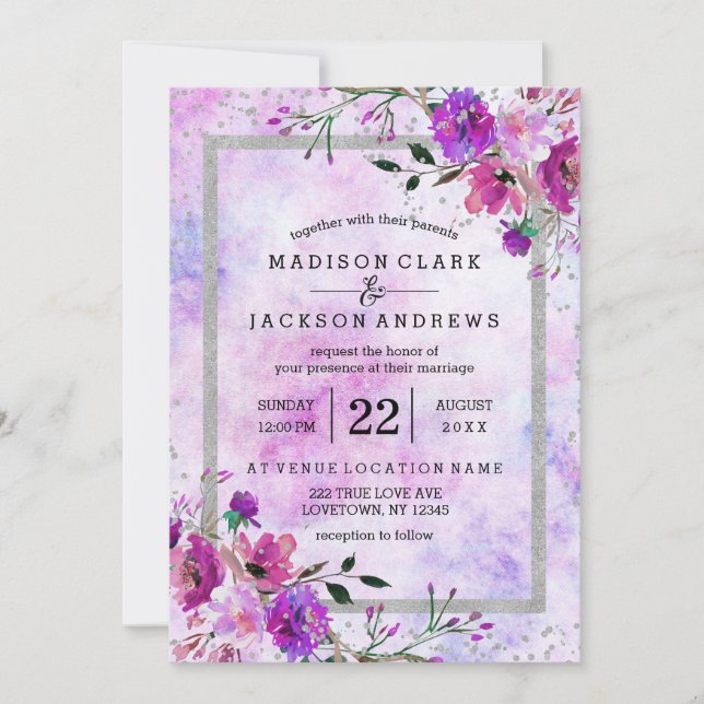 Purple Floral & Silver Frame Wedding Invitations (Front)