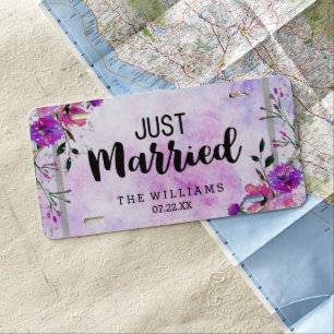Purple Floral & Silver Frame Wedding Just Married License Plate