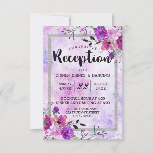 Purple Floral  Silver Frame Wedding Reception Invitation