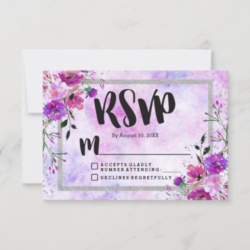 Purple Floral  Silver Frame Wedding RSVP Response
