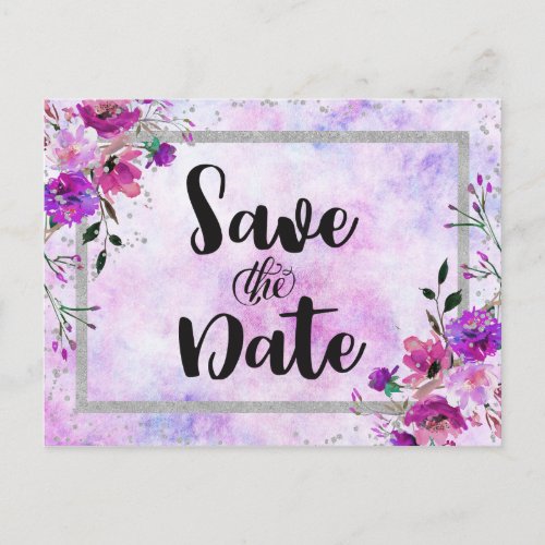 Purple Floral  Silver Frame Wedding Save the Date Announcement Postcard