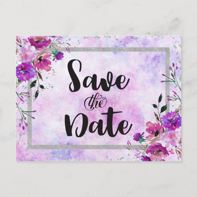 Purple Floral & Silver Frame Wedding Save the Date Announcement Postcard (Front)