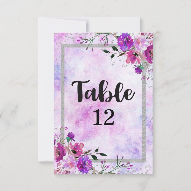 Purple Floral & Silver Frame Wedding Table Numbers (Front)