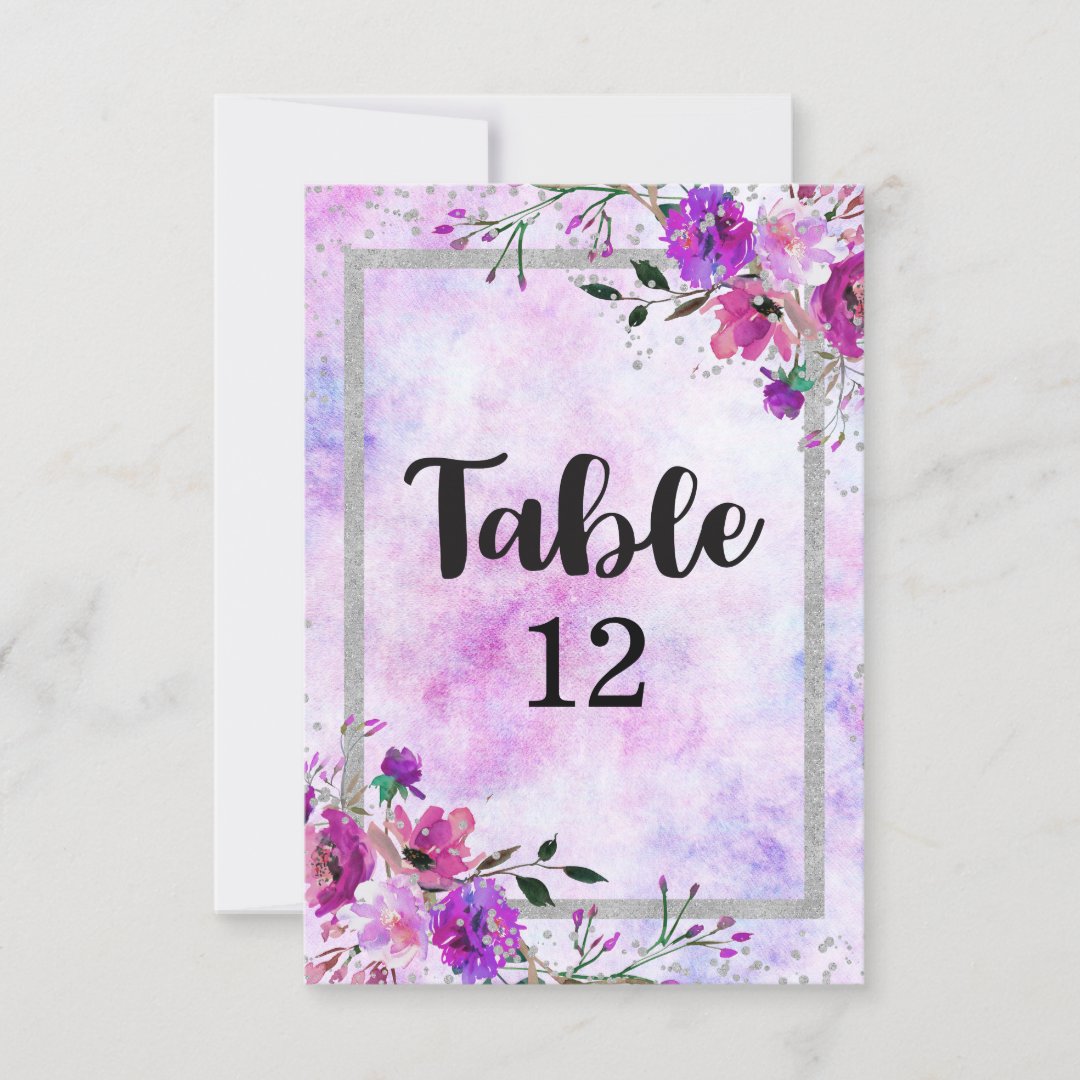 Purple Floral & Silver Frame Wedding Table Numbers Zazzle