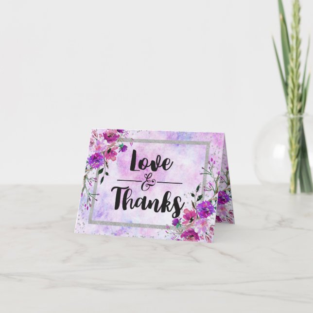 Purple Floral & Silver Frame Wedding Thank You (Front)