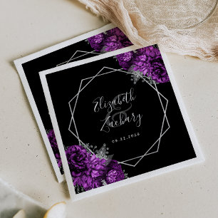 Purple Floral Silver Geometric Black Wedding Napkins