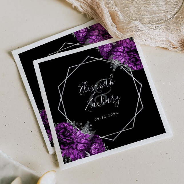 Purple Floral Silver Geometric Black Wedding Napkins (Creator Uploaded)