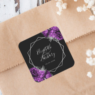 Purple Floral Silver Geometric Black Wedding Square Sticker