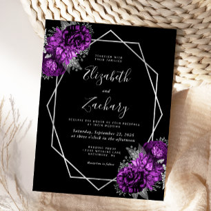 Purple Floral Silver Geometric Frame Black Wedding Postcard